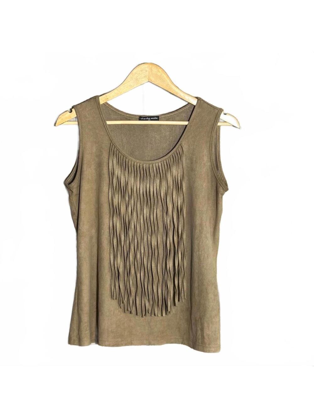Cha Cha Vente Womens Brown Faux Suede Fringe Tank Top Size Petite Medium Boho